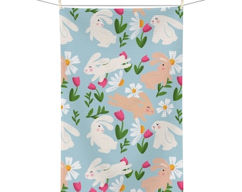 Cute Bunnies Floral Pattern Microfiber Tea Towel | Spring Rabbits and Daisies