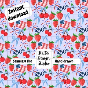 250° Anniversario della Libertà File senza soluzione di continuità Disegno a mano Download digitale Illustrazione 4 luglio Fragola Ciliegia Coquette Arte patriottica