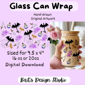 May include: A glass can wrap with a fantasy design, featuring black dragons, potion bottles, swords, and purple flowers. The text on the wrap says "Glass Can Wrap", "Hand-drawn Original Artwork", and "Digital Download". The wrap is sized for 24.13 cm x 10.16 cm.