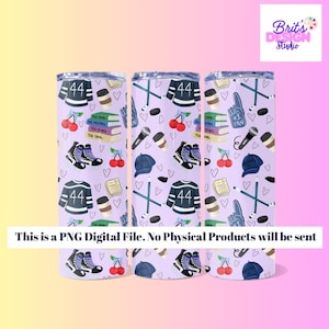 May include: A digital PNG file featuring a repeating pattern on a light purple background. The design includes illustrations of hockey jerseys with the number 44, stacks of books, cherries, microphones, hockey sticks, sneakers, and caps. Text reads: This is a PNG Digital File. No Physical Products will be sent.