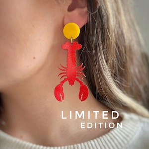 Glitter Lobster Statement Earrings, LIMITED EDITION, Fun Coastal Jewelry, Nautical Dangle Earrings, Seafood Lover Gift, Bold Red Earrings