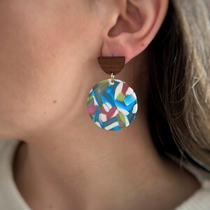 Colorful Spring/Summer Dangle Earrings, Lightweight Acetate and Wood Statement Earrings, Funky & Unique Geometric Earrings, Gift for Her