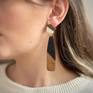 Wood & Resin Earrings, Geometric Abstract Statement Earrings, Modern Dangle Earrings, Unique Lightweight Jewelry, Natural Wood Earrings