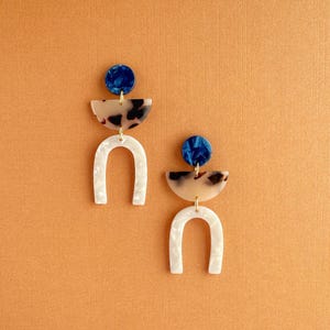 Bold Geometric Statement Earrings, Unique Dangle Earrings with Blue, Tortoiseshell, and Pearl Acetate Modern Arch Earrings, Gift for Her