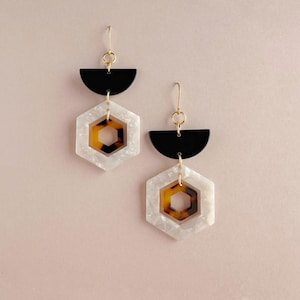 Geometric Hexagon Statement Earrings, Tortoiseshell & Pearl Dangle Earrings, Unique Modern Earrings, Lightweight Acetate Jewelry