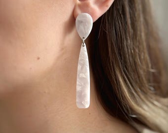 Pearl White Acetate Dangle Earrings, Bridal & Bridesmaids Jewelry, Elegant Lightweight Statement Earrings, Modern Minimalist, Gift for Her