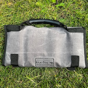Waxed canvas folding pocket knife case.  RiverTree MB Pocket Knife Roll.