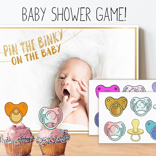 Baby shower game, Pin the Dummy, baby shower pin the game, pin the binky on the baby, baby shower cupcake toppers, printable, download