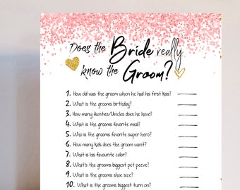 Does the Bride really know the Groom - bachelorette party games - hens party games - rose gold-  printable - download