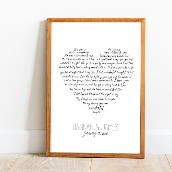 Eric Clapton, Wonderful Tonight, lyrics, personalised wedding song print, anniversary gift print, lyric heart print, digital download, print