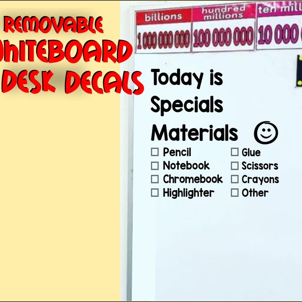 Custom Removable Whiteboard Decal/Label for Classroom - Materials Checklist, Visual Reminder