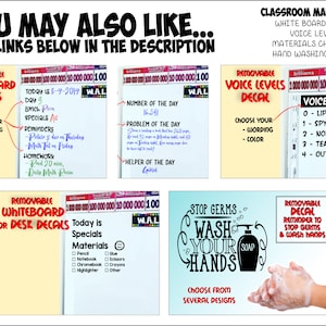 May include: A set of classroom management decals for teachers. The decals include a whiteboard, voice level, and hand washing reminder. The decals are customizable with different colors and wording.