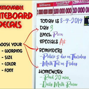 May include: A white dry-erase board with colorful removable decals. The decals include the text "Today is 8-9-2019", "Day 3", "Lunch Pizza", "Specials Art", "Reminders", "Picture $ due on Thursday", "Math Test on Friday", "Homework", "Read 20 mins.", and "Daily Math Review".