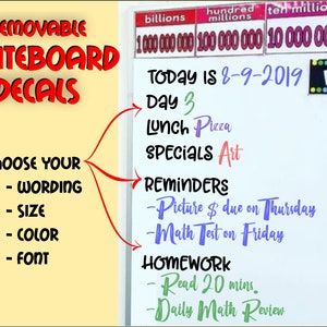 Custom Removable Whiteboard Decal/Label for Classroom - Today Is, Lunch, Specials, Agenda, Objectives, Reminders, Subjects, Homework, & more