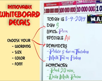 Custom Removable Whiteboard Decal/Label for Classroom - Today Is, Lunch, Specials, Agenda, Objectives, Reminders, Subjects, Homework, & more