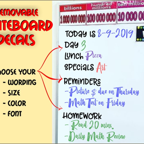 Custom Removable Whiteboard Decal/Label for Classroom - Today Is, Lunch, Specials, Agenda, Objectives, Reminders, Subjects, Homework, & more