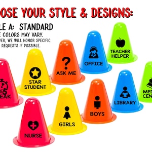 May include: Nine traffic cones with different designs and colors. The cones have various labels, including "Take 5 Break", "Star Student", "Ask Me", "Office", "Teacher Helper", "Girls", "Boys", "Library", and "Media Center".