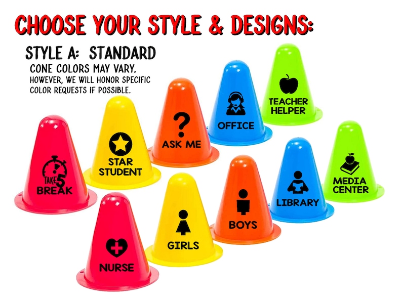 May include: Nine traffic cones with different designs and colors. The cones have various labels, including "Take 5 Break", "Star Student", "Ask Me", "Office", "Teacher Helper", "Girls", "Boys", "Library", and "Media Center".