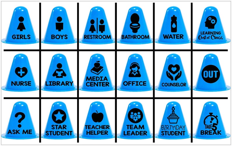 May include: Set of 18 blue traffic cones with black icons and text. The cones feature various school-related icons and text, such as "Girls", "Boys", "Restroom", "Bathroom", "Water", "Learning Out of Class", "Nurse", "Library", "Media Center", "Office", "Counselor", "Out", "Ask Me", "Star Student", "Teacher Helper", "Team Leader", "Birthday Student", and "Takes 5 Break".