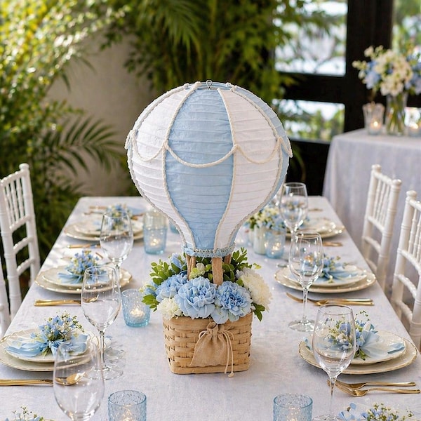 DIY  Hot Air Balloon Centerpiece: Bamboo Paper Lantern, Faux Leather Basket