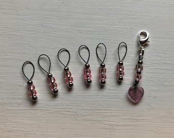 Pink Beaded Stitch Markers and Progress Keepers