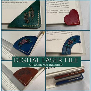 Puede incluir: Archivo de corte láser digital para marcapáginas de cuero. La imagen muestra cinco diseños diferentes: un marcapáginas verde con una cruz, un marcapáginas azul con flores, un marcapáginas rojo en forma de corazón, un marcapáginas marrón con flores y un marcapáginas azul con un borde cosido.