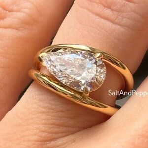 East West Moissanite Ring 2.00 Ct Pear Cut Moissanite Ring Bezel Set Moissanite Engagement Ring Solitaire Wedding Ring 14k Gold Diamond Ring