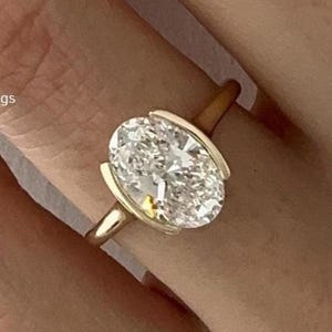 Oval Cut Moissanite Ring 2.50 Ct Solitaire Oval Wedding Ring Half Bezel Set Moissanite Ring Yellow Gold Diamond Oval Ring Engagement Ring