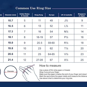 Puede incluir: Tabla de tallas de anillos con medidas en milímetros y tallas de anillos para Estados Unidos, Canadá, Hong Kong, Europa, Reino Unido, Australia, Singapur, Japón y China. Incluye instrucciones de medición.