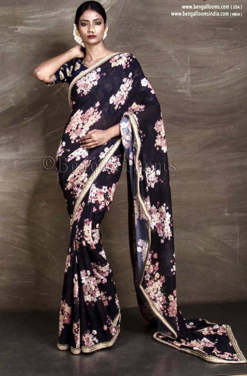 Heavy Japan satin With Digital Print saree and blouse for women designer saree,bridal saree,saree for women,wedding saree,saree,black saree