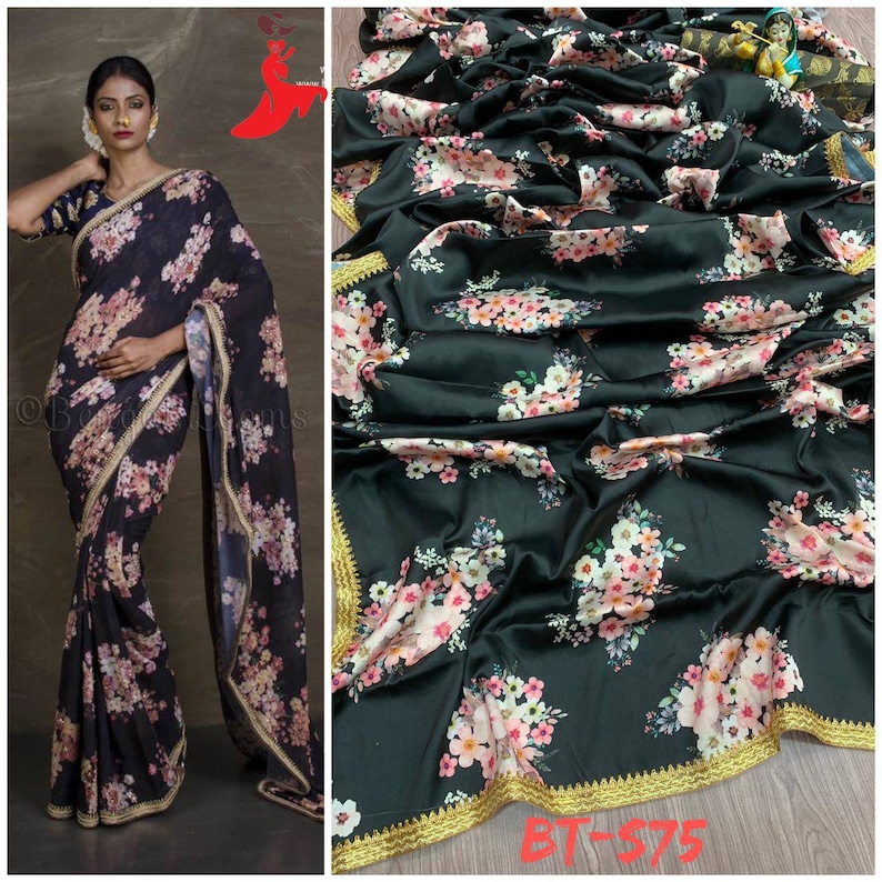 Heavy Japan satin With Digital Print saree and blouse for women designer saree,bridal saree,saree for women,wedding saree,saree,black saree