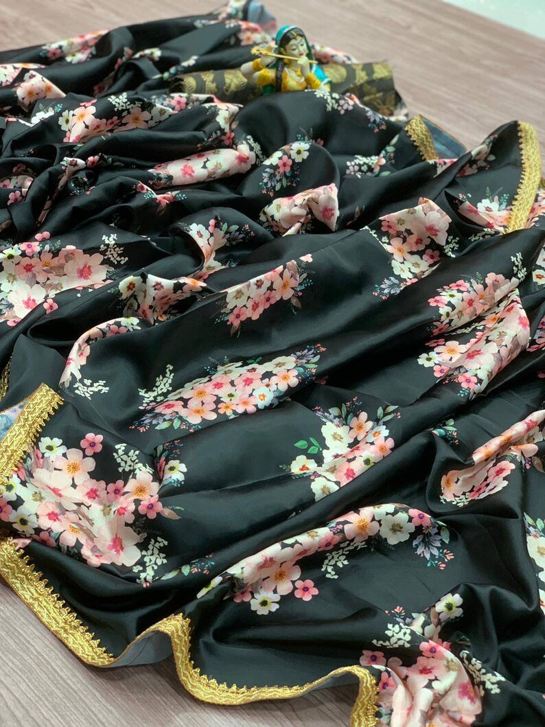 Heavy Japan satin With Digital Print saree and blouse for women designer saree,bridal saree,saree for women,wedding saree,saree,black saree