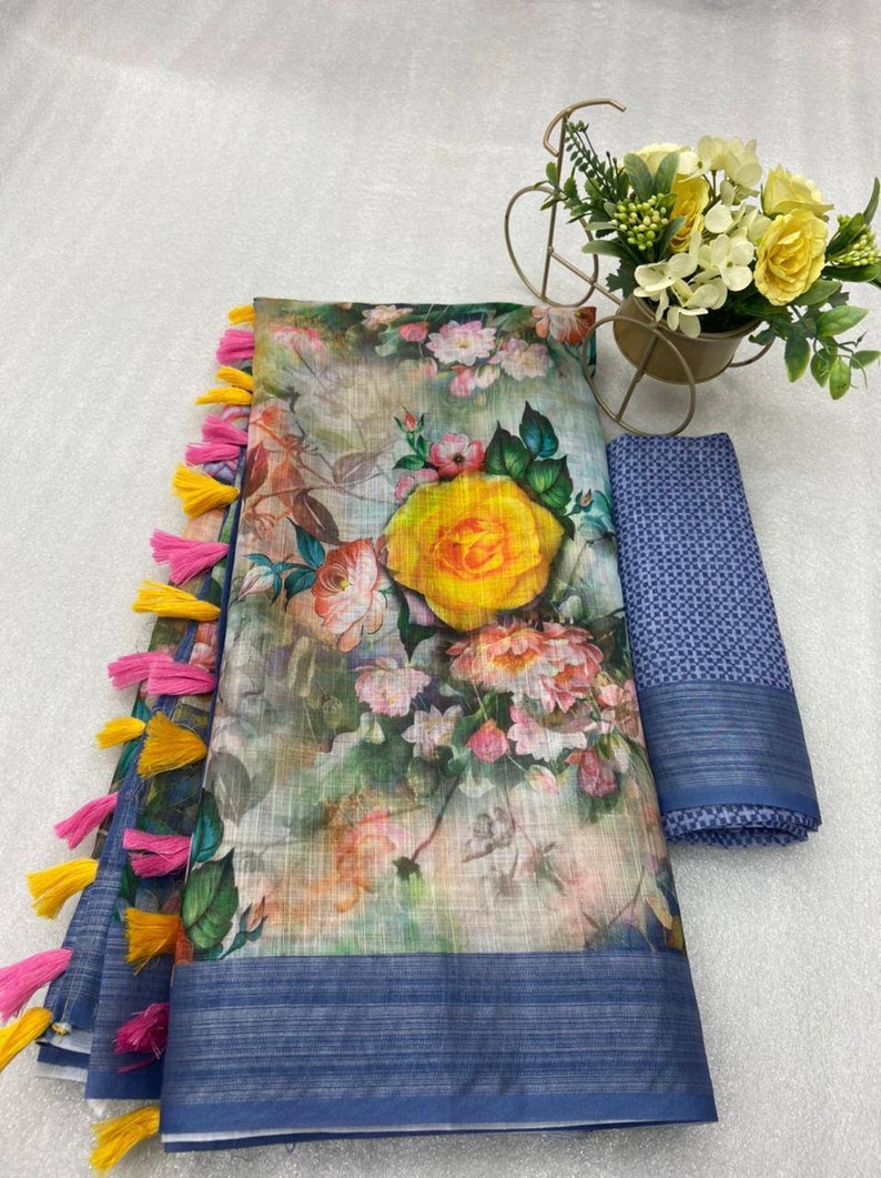 sari,saris Multicolor Original Linen Digital Print Saree and blouse for women,designer saree,bridal saree,wedding saree,saree,saree dress