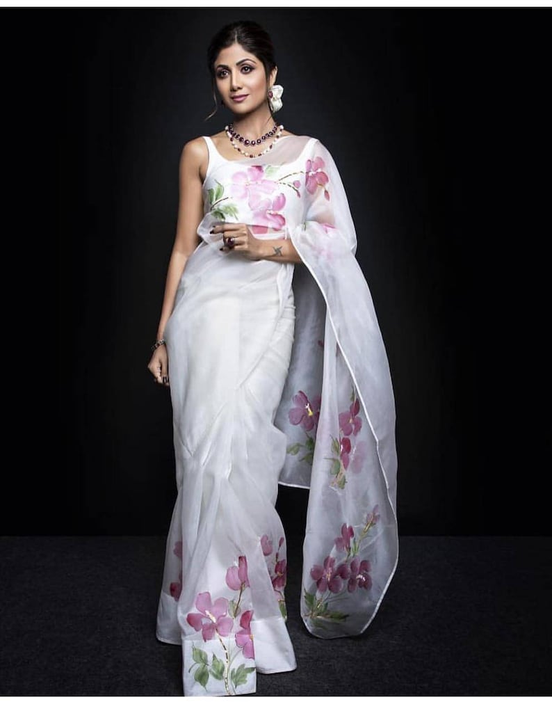 White Saree With Purple Border Heavy Organza White Saree With Floral Print / Saree for Women/ | Etsy