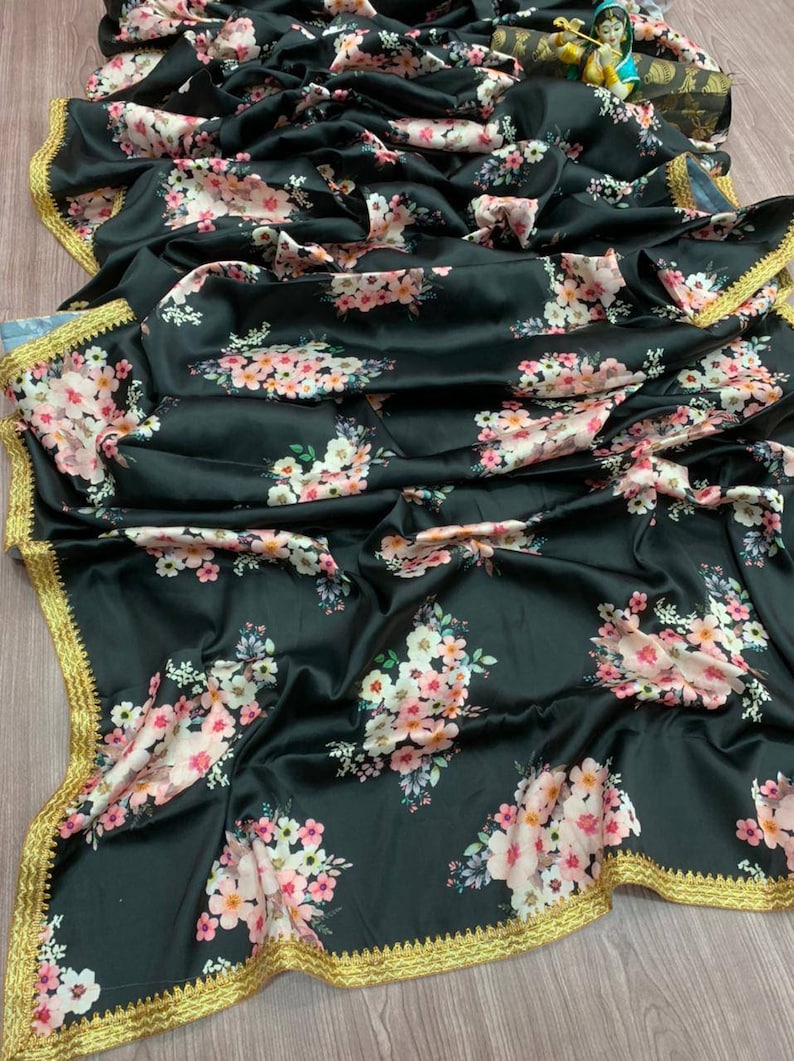 Heavy Japan satin With Digital Print saree and blouse for women designer saree,bridal saree,saree for women,wedding saree,saree,black saree
