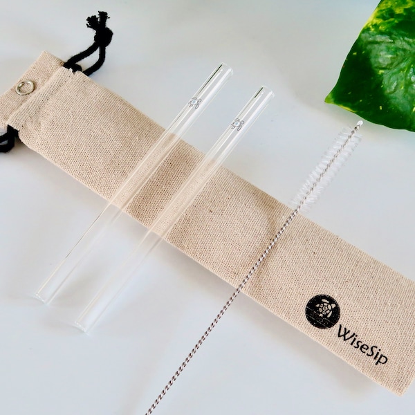 2pc Short Glass Cocktail Straw Set | Organic Jute Storage Bag & Cleaning Brush | Reusable Straws | Eco Friendly Gift | Sustainable | Bar| UK
