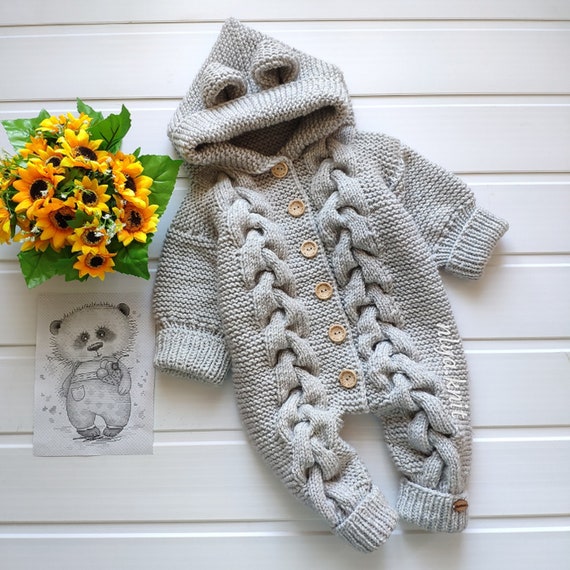 Ready to ship-Jumpsuit hooded Hand knitted baby suit rompers | Etsy