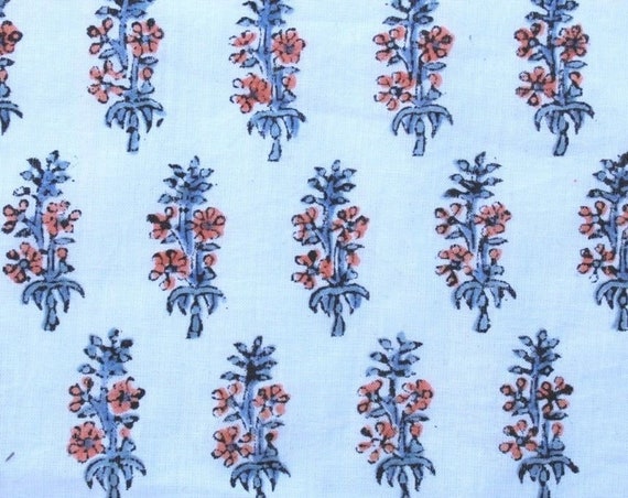 10 Yards Floral Indian Cotton Voile Hand Block Print Fabric Floral Print Fabric