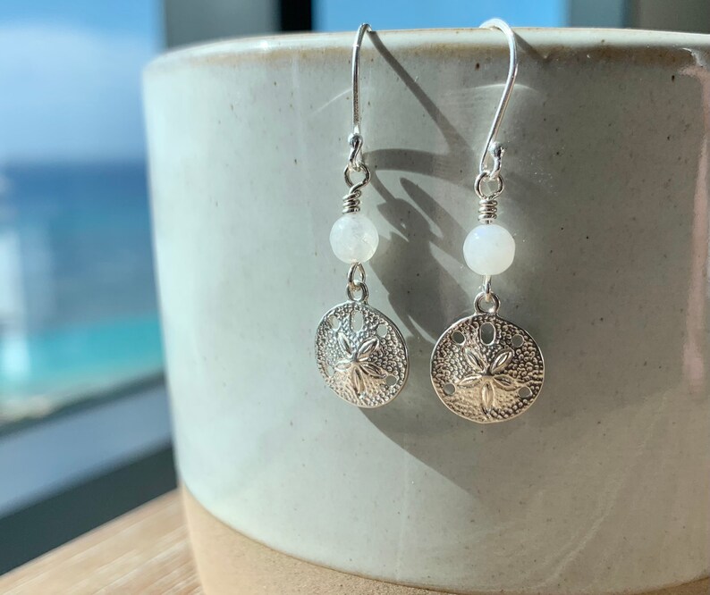 pretty beachy Hawaiian earrings gift unique handmade Hawaiian jewelry Gorgeous sterling silver sand dollar and moonstone gemstone earrings
