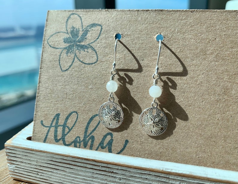 pretty beachy Hawaiian earrings gift unique handmade Hawaiian jewelry Gorgeous sterling silver sand dollar and moonstone gemstone earrings