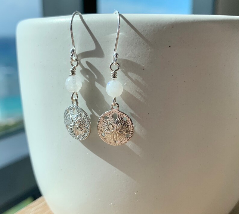 pretty beachy Hawaiian earrings gift unique handmade Hawaiian jewelry Gorgeous sterling silver sand dollar and moonstone gemstone earrings