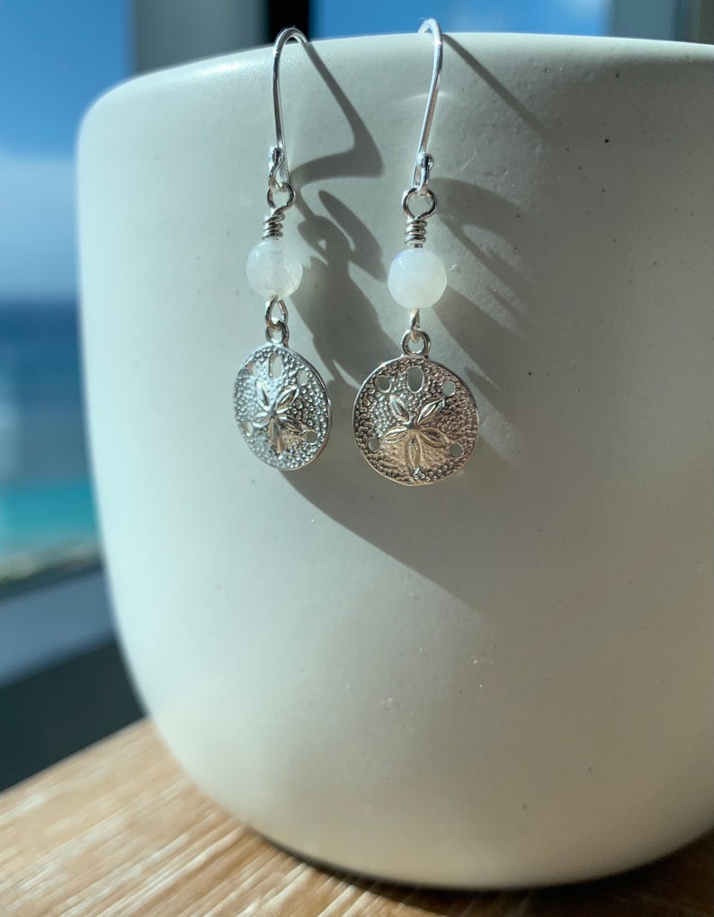 pretty beachy Hawaiian earrings gift unique handmade Hawaiian jewelry Gorgeous sterling silver sand dollar and moonstone gemstone earrings