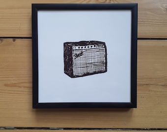 Dibujo de amplificador Fender Impresión negra con marco 15 x 15 cm