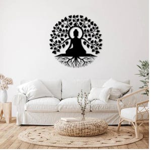 Arte mural de Buda en madera, decoración mural hindú, estudio de yoga, decoración para meditación, arte en madera Om, arte de chakras, artesanías espirituales, regalo de inauguración de casa, arte mural imagen 1