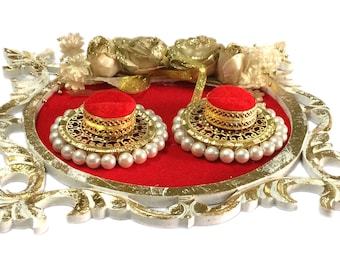 Texture Wooden wedding ring tray /Engagement Ring Platter with 2 Ring Holder