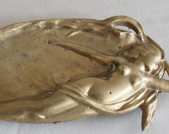Vassoio antico in bronzo ART NOUVEAU con porta carte nudo vide poche Firmato