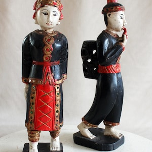Two Old wooden Statues Dolls traditional costume  folklore