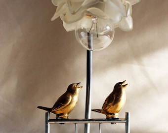 Art Deco French Table / Bedside Lamp Antique Marble, birds on a fence