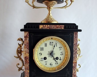 Horloge ancienne, France, marbre lourd bicolore, 1880, Empire