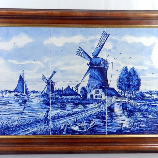 Carreaux champ delft bleu antique 6 carreaux paysage hollandais vers 1950 signé